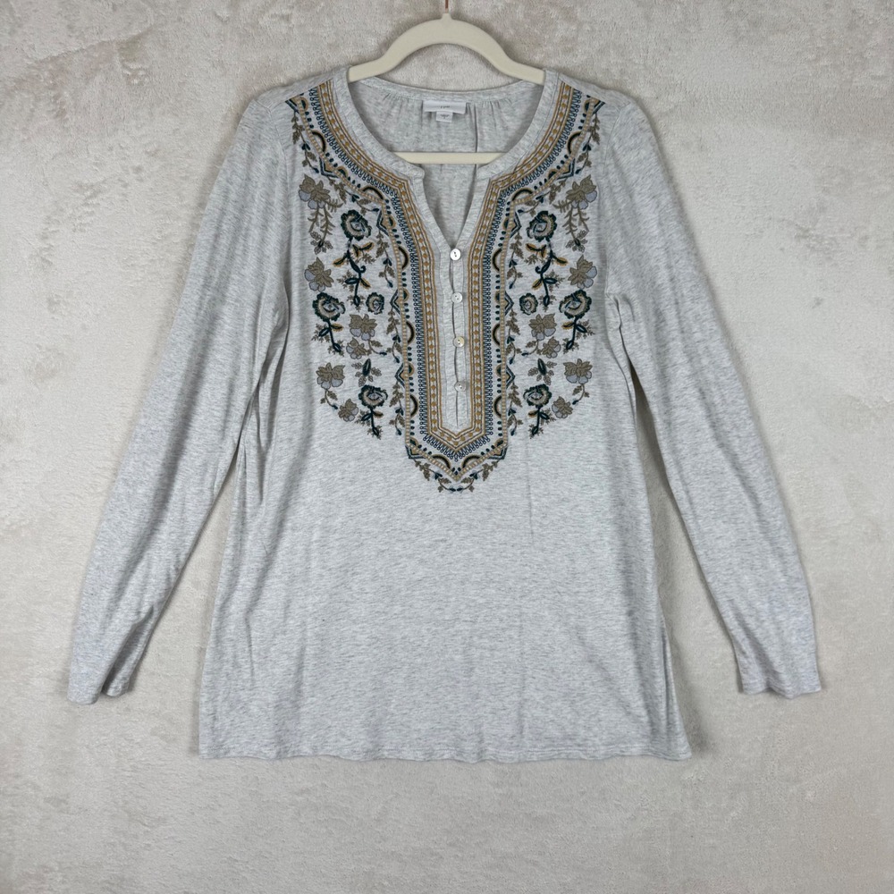 J. Jill Womens Grey Heathered Embroidered Long Sleeve Henley Top Small Boho